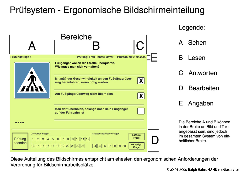 ergonomische Bildschirmeinteilung für ein Lern- und Prüfsystem, Entwurf/Gestaltung Ralph Hahn - HAHN mediaservice