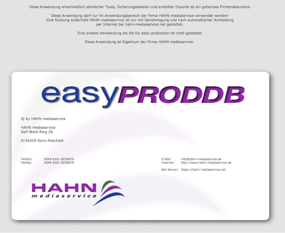 easyPRODDB • ein Produktionsdatenbanksystem • Impressum